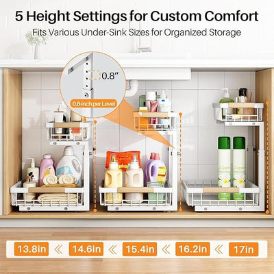 PXRACK 2 Pack Under Sink Organizer,Adjustable Heigh / منظم قابل للتعديل من قطعتين لتحت الحوض