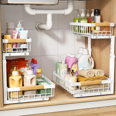 PXRACK 2 Pack Under Sink Organizer,Adjustable Heigh / منظم قابل للتعديل من قطعتين لتحت الحوض
