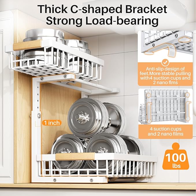 PXRACK 2 Pack Under Sink Organizer,Adjustable Heigh / منظم قابل للتعديل من قطعتين لتحت الحوض