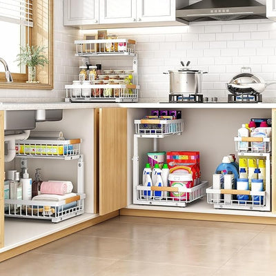 PXRACK 2 Pack Under Sink Organizer,Adjustable Heigh / منظم قابل للتعديل من قطعتين لتحت الحوض