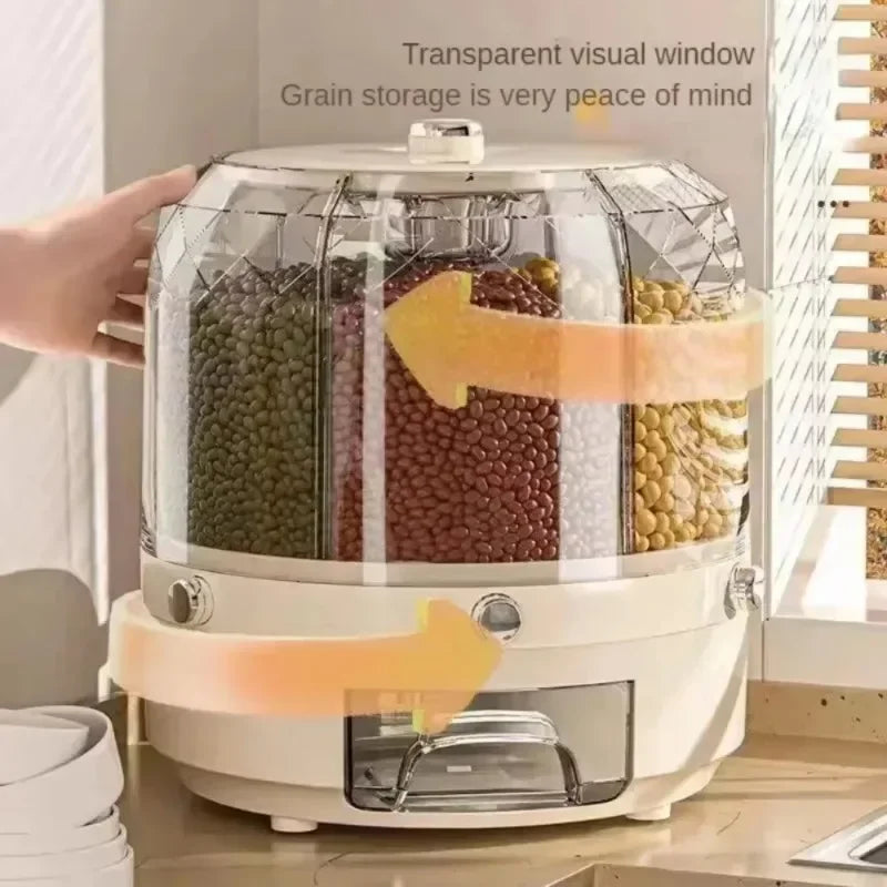 360° Rotating Rice Dispenser – Moisture-Proof Grain Storage Box / علبة تخزين الحبوب مقاومة للرطوبة مع موزع أرز دوار 360 درجة