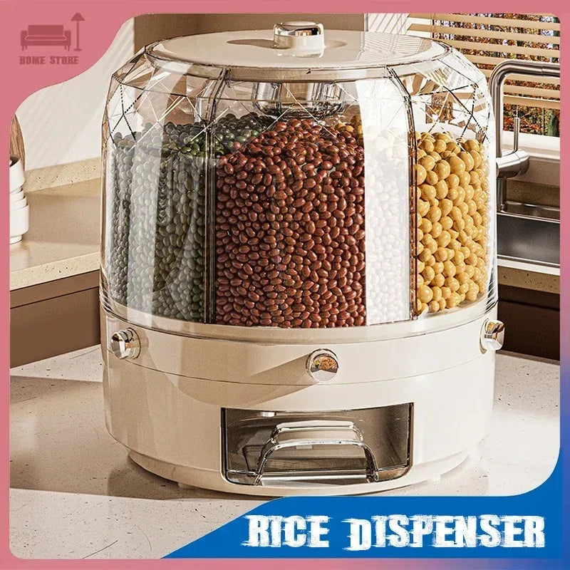 360° Rotating Rice Dispenser – Moisture-Proof Grain Storage Box / علبة تخزين الحبوب مقاومة للرطوبة مع موزع أرز دوار 360 درجة
