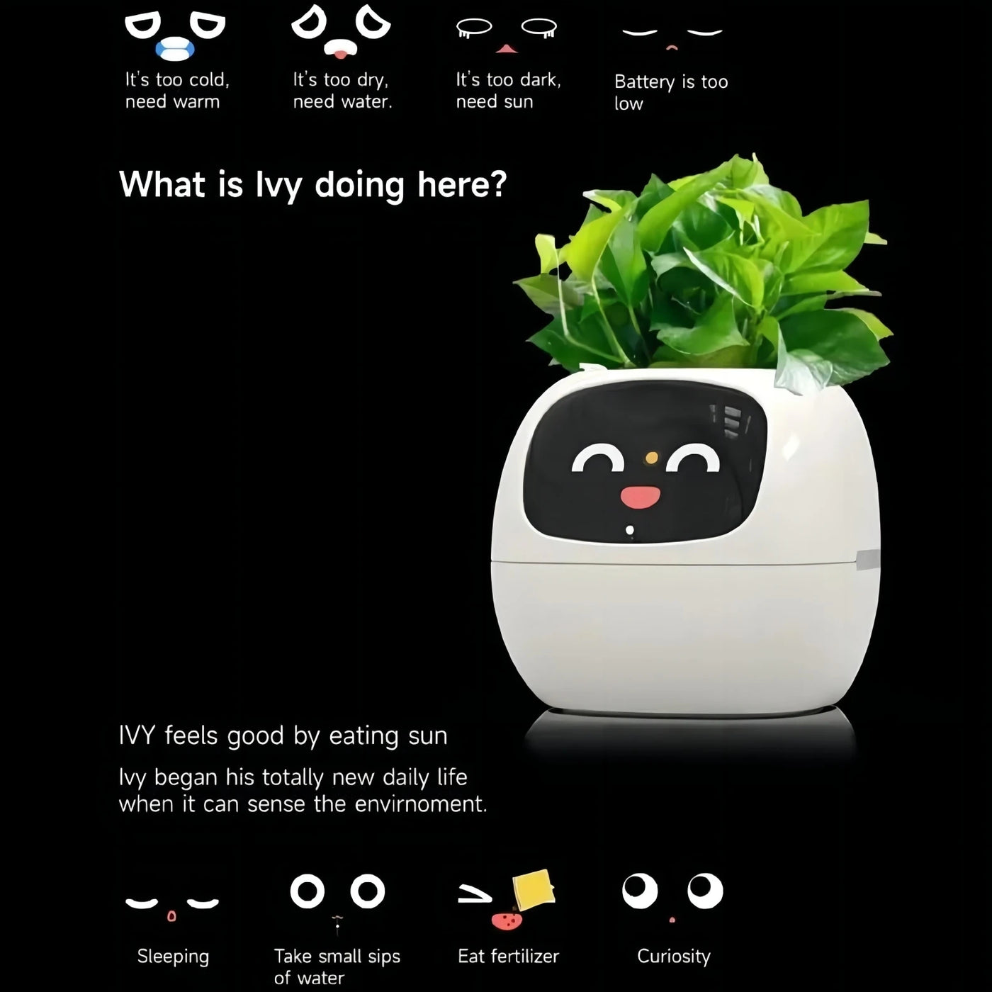 Ivy Smart Planter – AI-Powered with 49+ Expressions & 7 Smart Sensors / وعاء نباتات ذكي Ivy – مدعوم بالذكاء الاصطناعي مع أكثر من 49 تعبيرًا و7 مستشعرات ذكية