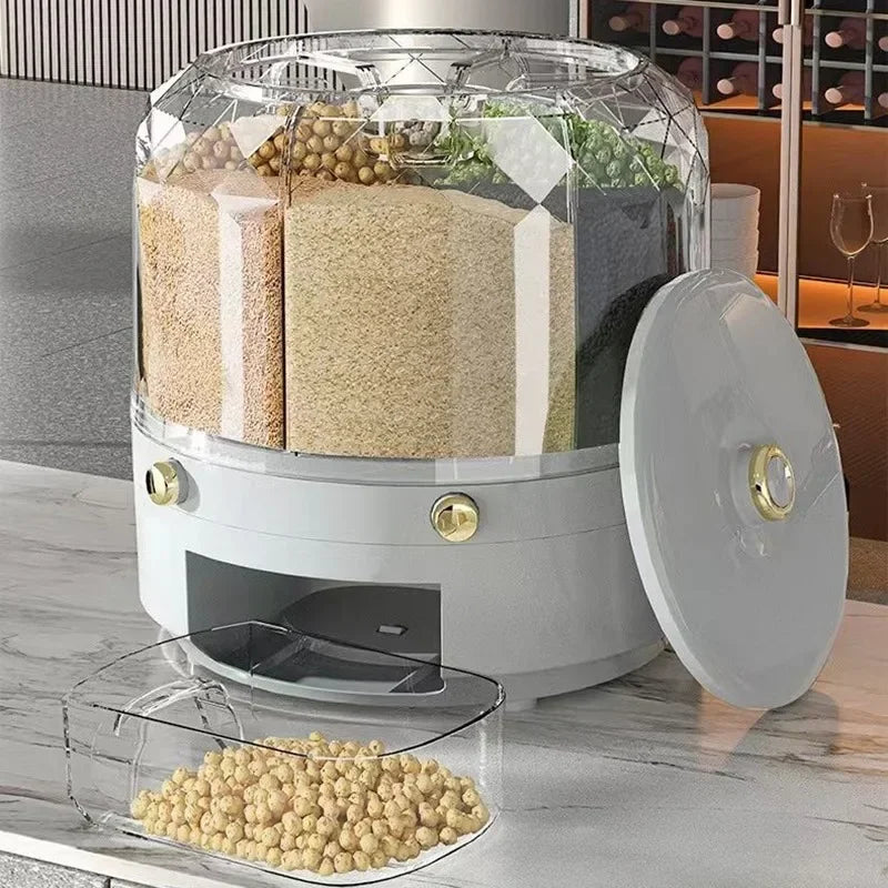 360° Rotating Rice Dispenser – Moisture-Proof Grain Storage Box / علبة تخزين الحبوب مقاومة للرطوبة مع موزع أرز دوار 360 درجة