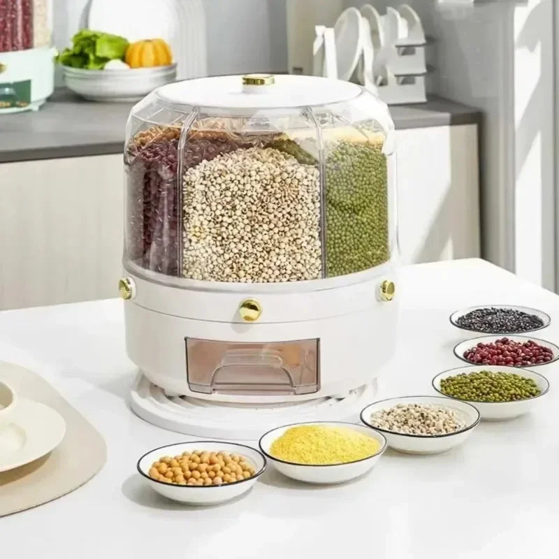 360° Rotating Rice Dispenser – Moisture-Proof Grain Storage Box / علبة تخزين الحبوب مقاومة للرطوبة مع موزع أرز دوار 360 درجة